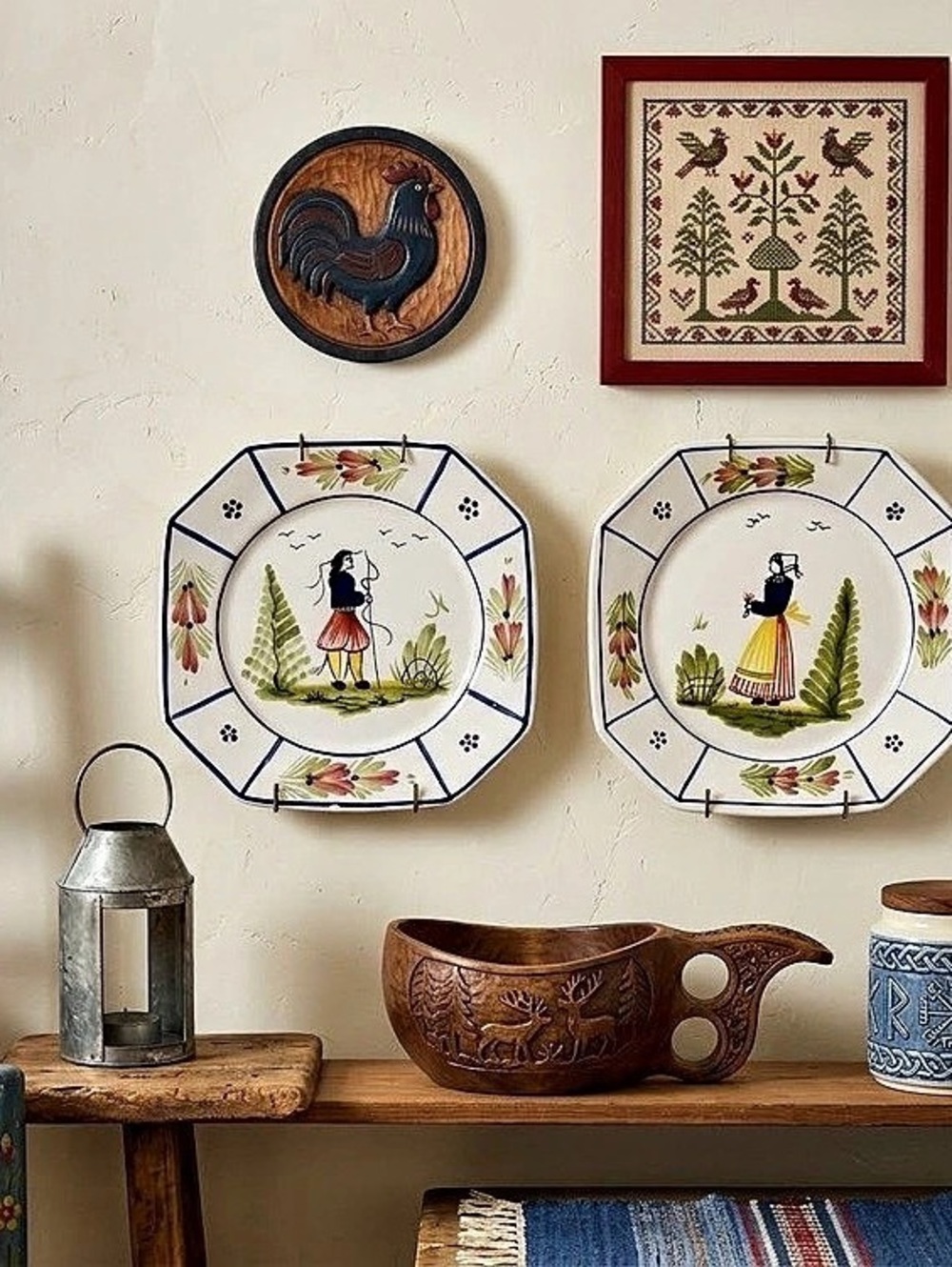 Set of Vintage (1960s-80s) Quimper French Faience Octagonal Plates Breton Couple